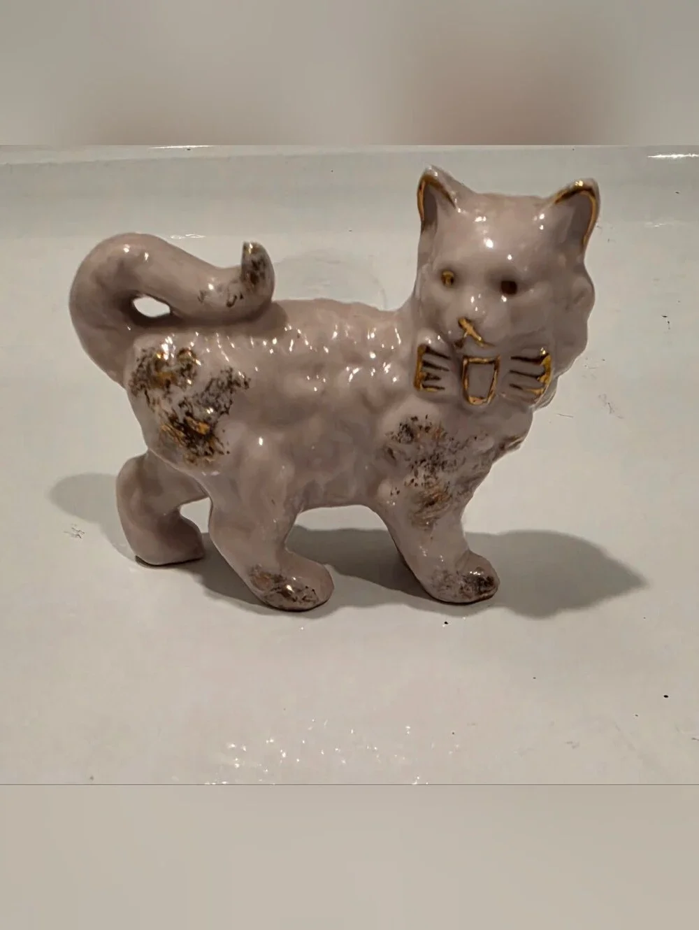 1950s Porcelain Pink Cat Figurine With White And Gold. Hand Painted In Japan.
